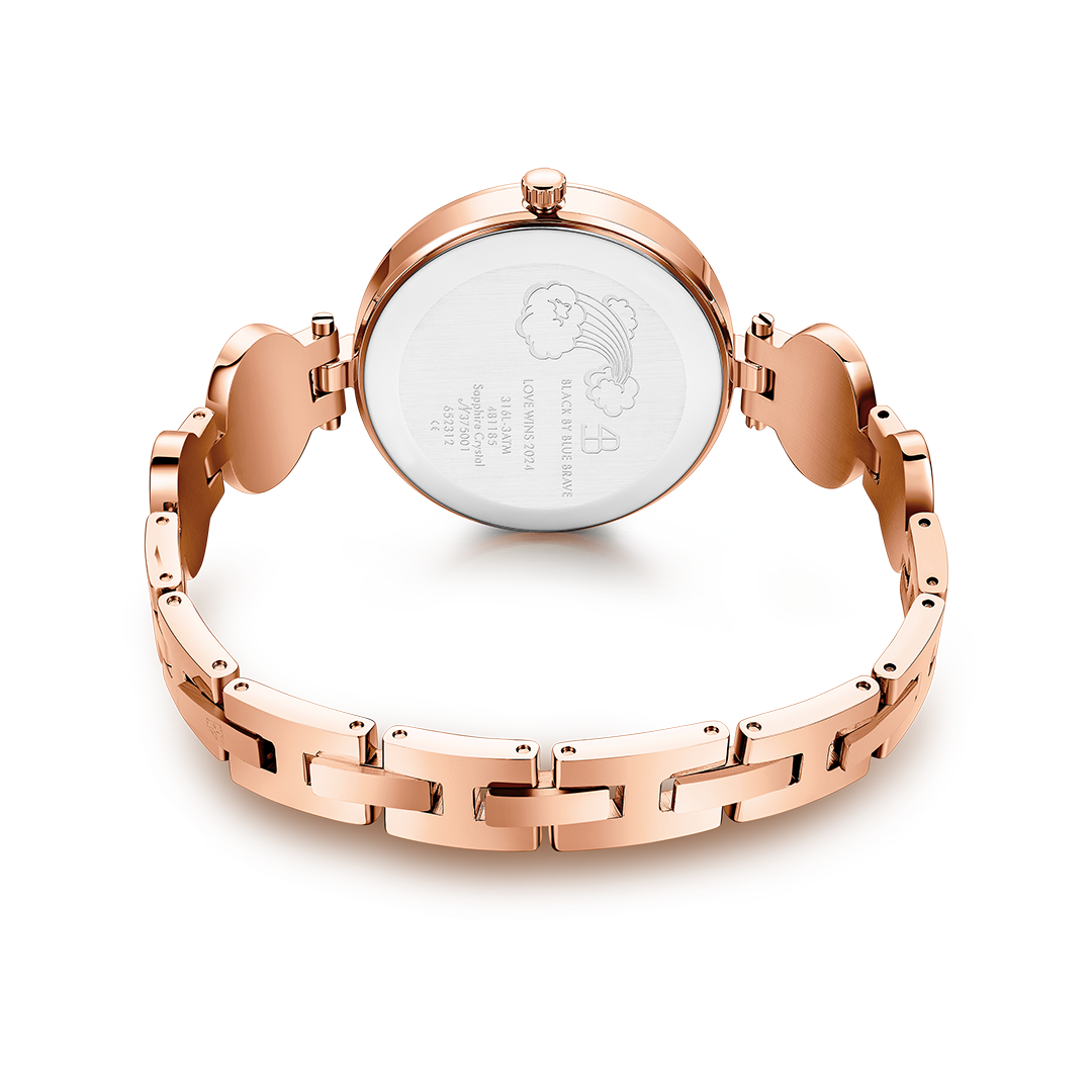 Love Wins 34mm Pink Dial Moving Rainbow Flag Rose Gold Bracelet Watch - BLACK BY BLUE BRAVE