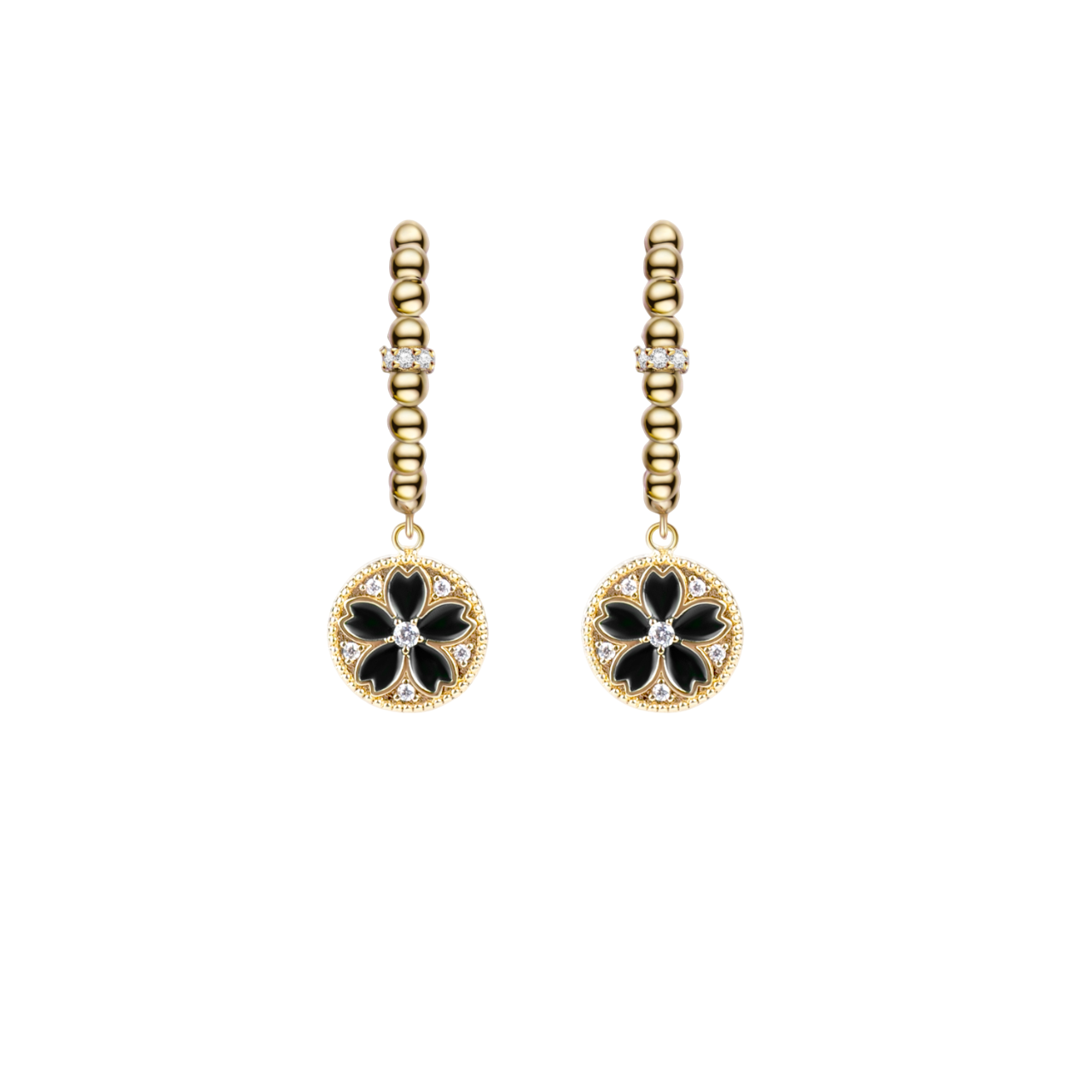 Cherry Blossom Symphony Green & Black Enamel Gold Earrings (18K Gold Plated)