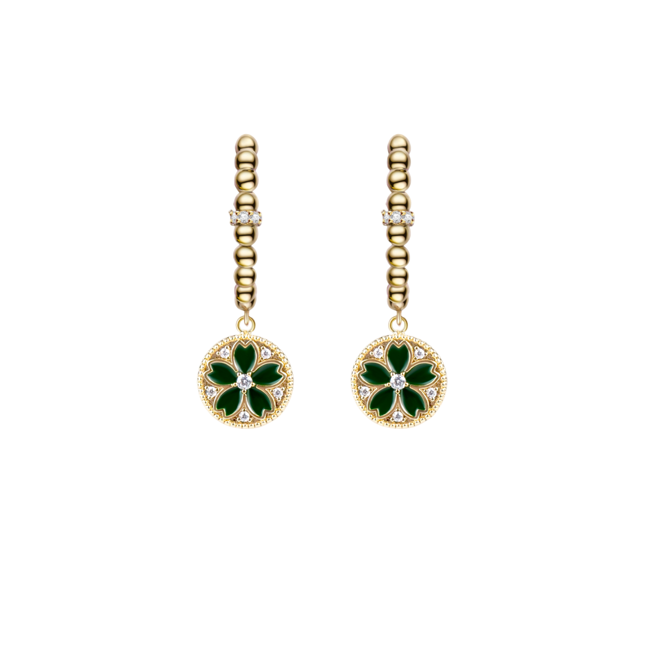 Cherry Blossom Symphony Green & Black Enamel Gold Earrings (18K Gold Plated)