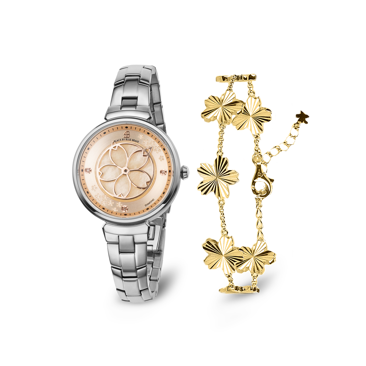 Champagne Cherry Blossom Silver Bracelet Watch With Gold Cherry Blossom Gleam Bracelet - BLACK BY BLUE BRAVE
