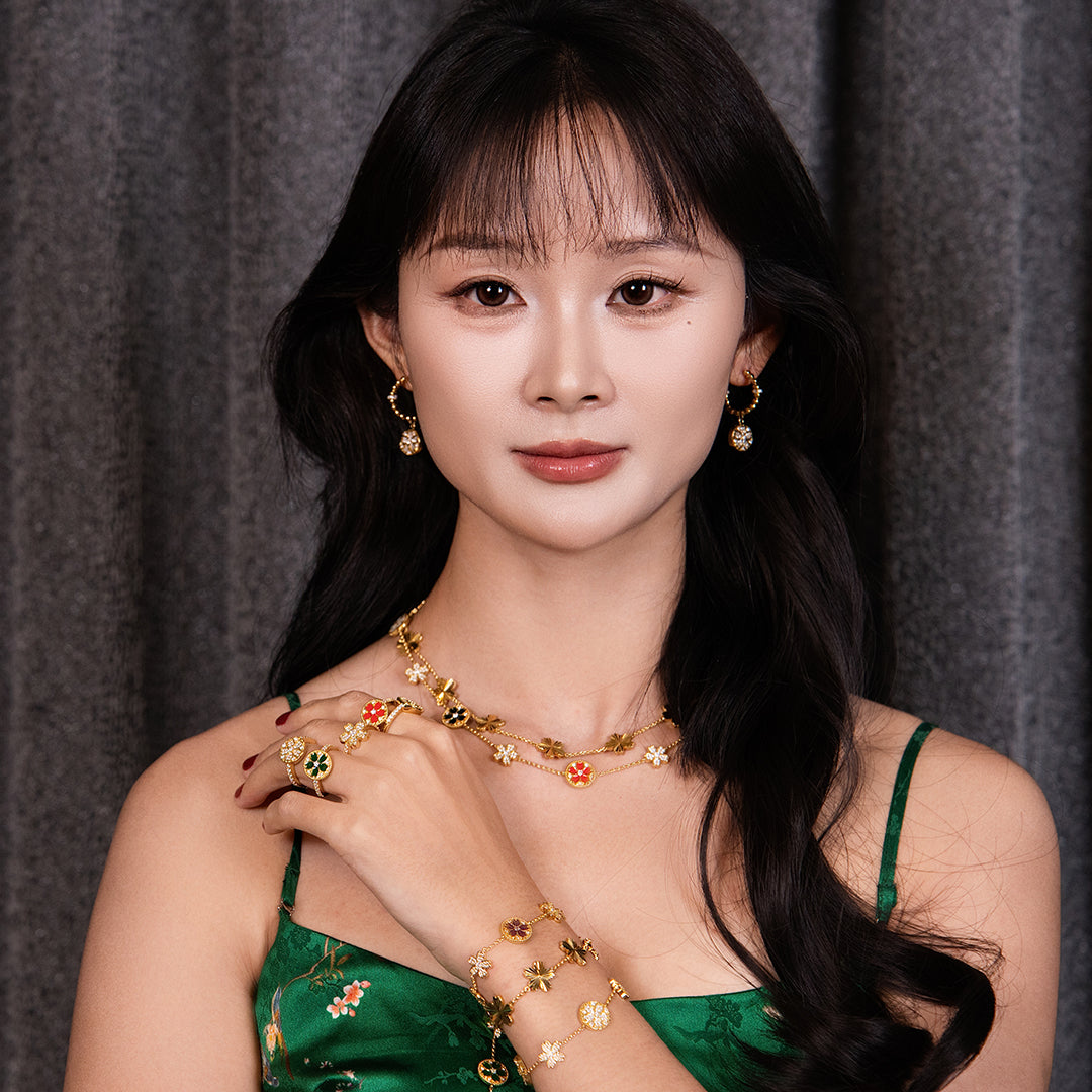 Cherry Blossom Symphony Enamel 14-Flower Sakura Gold Necklace (18K Gold Plated)