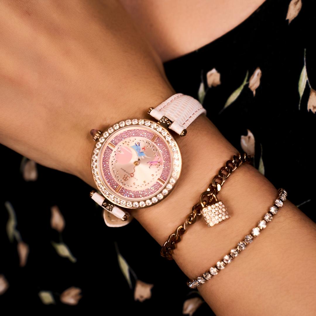 Cowherd and Weaver Girl 34mm Pink Dial Magpies Bridge Genuine Leather Strap Watch (One Watch & Two Bracelet) - BLACK BY BLUE BRAVE