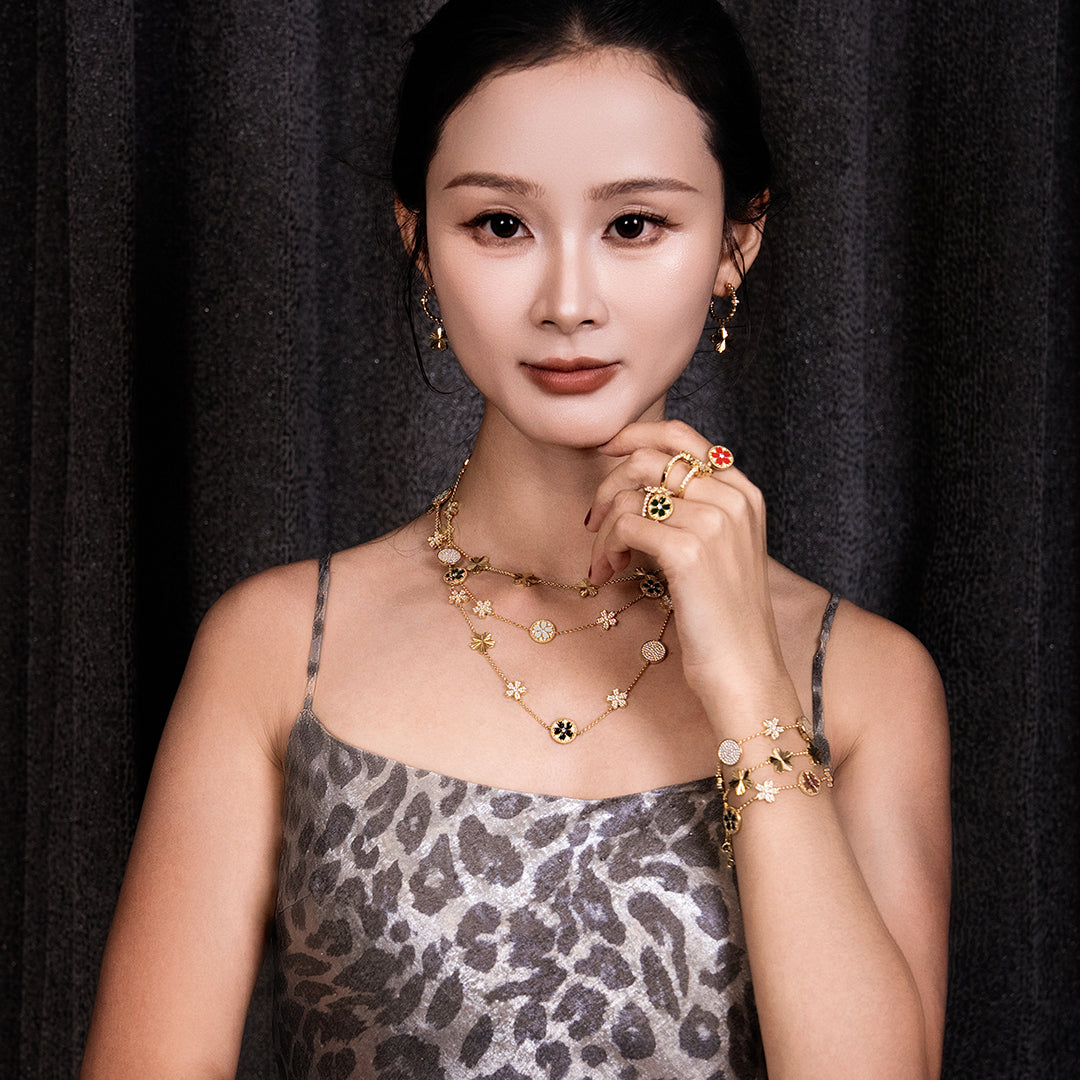 Cherry Blossom Symphony Green Enamel Sakura Adjustable Ring (18K Gold Plated)