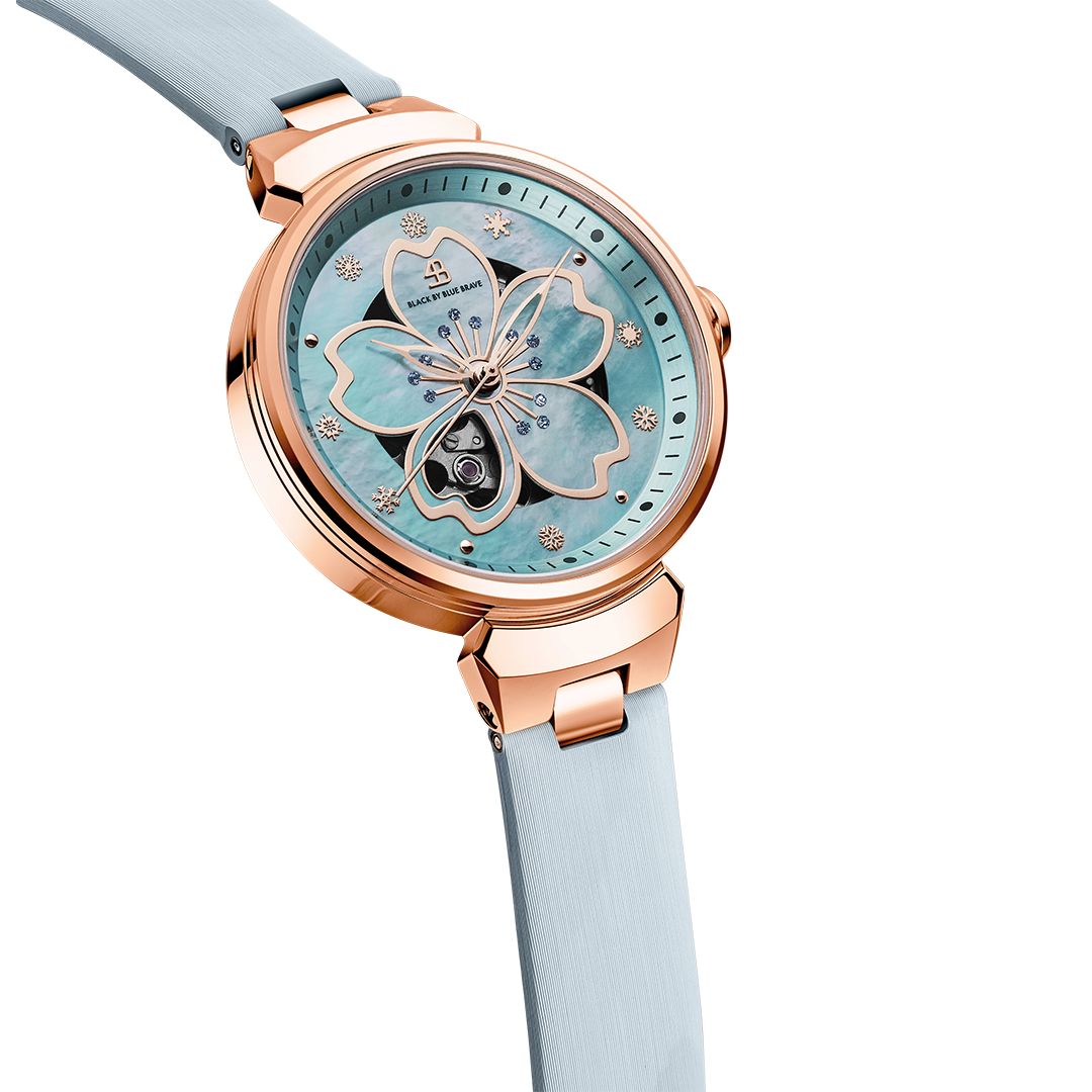 Women's Watches-Blue Cherry Blossom Automatic Watch-Leather Strap Watch