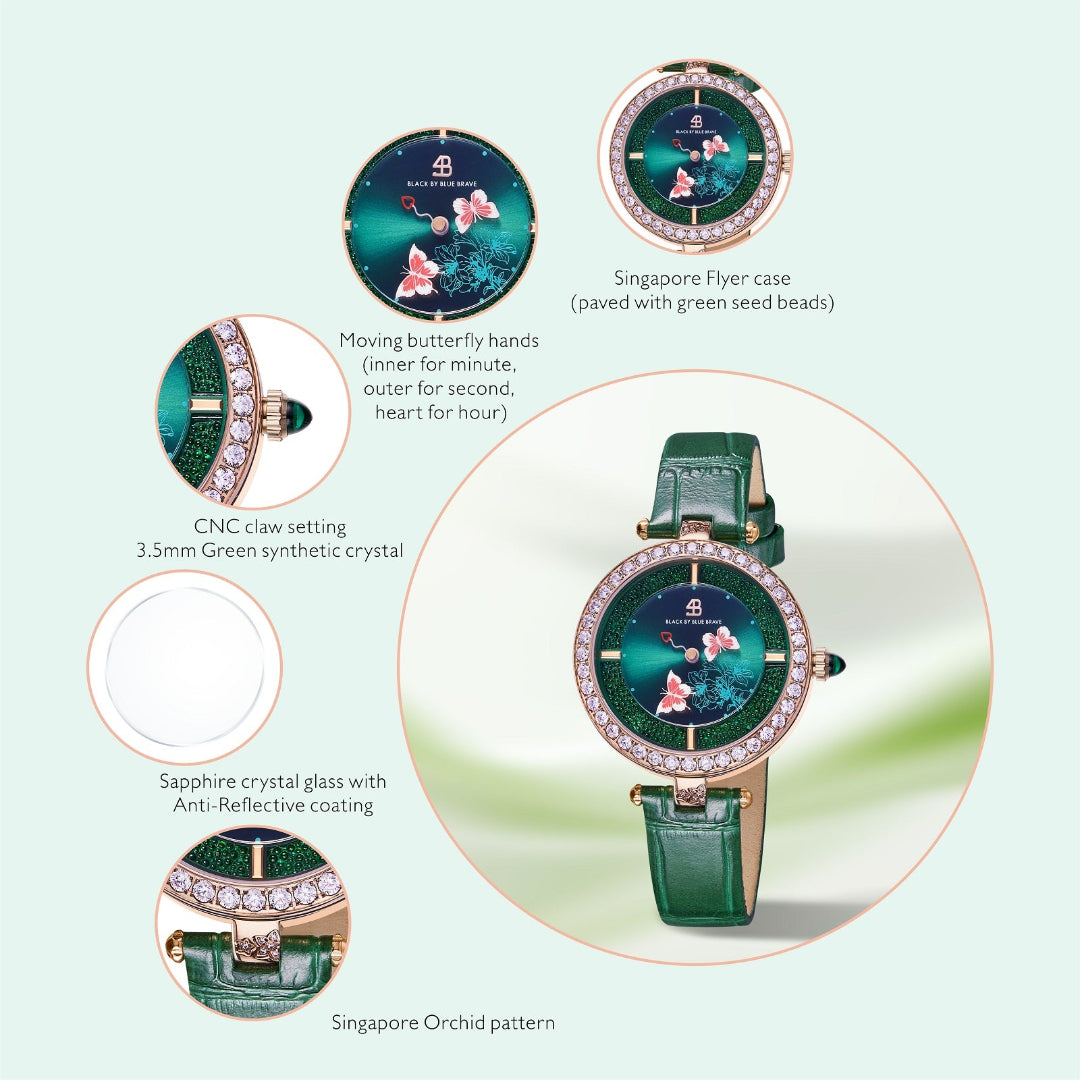 Butterfly Lovers 34mm Green Dial Moving Butterfly Hands Leather Strap Watch - 4B11113 - Selling point map - Black By Blue Brave