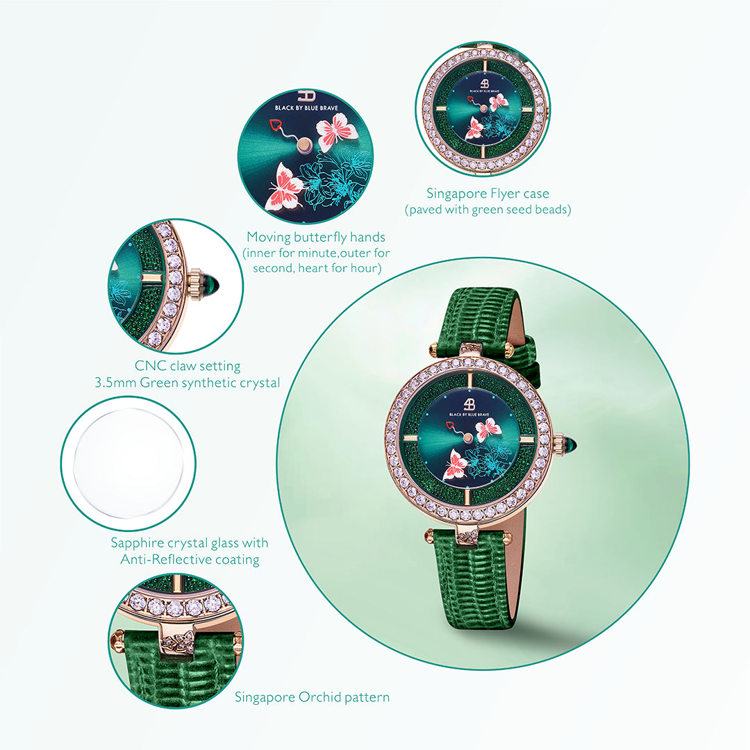 Butterfly Lovers 34mm Green Dial Moving Butterfly Hands Leather Strap Watch - 4B11113 - Selling point map - Black By Blue Brave