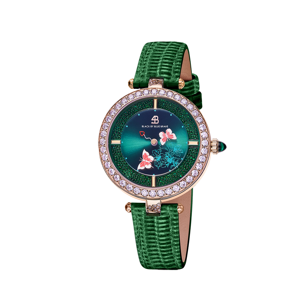 Butterfly Lovers 34mm Green Dial Moving Butterfly Hands Leather Strap Watch - 4B11113 - front - Black By Blue Brave