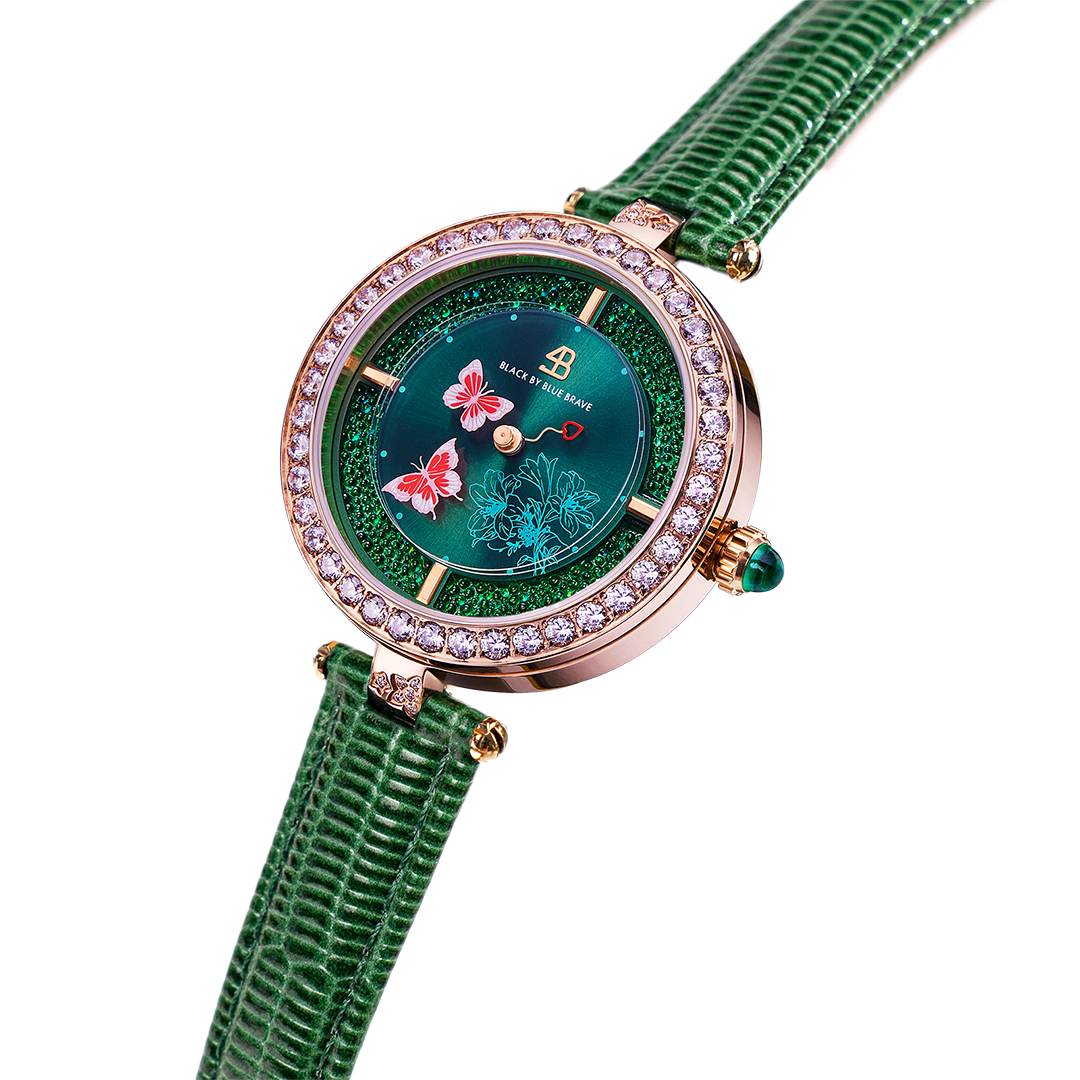Butterfly Lovers 34mm Green Dial Moving Butterfly Hands Leather Strap Watch - 4B11113 - side view - Black By Blue Brave
