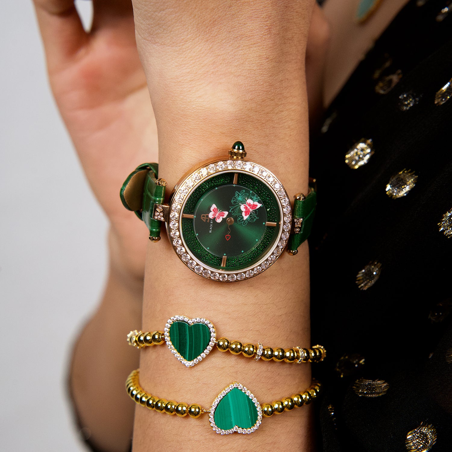 Butterfly Lovers 34mm Green Dial Moving Butterfly Hands Leather Strap Watch - 4B11113 - wrist - Black By Blue Brave