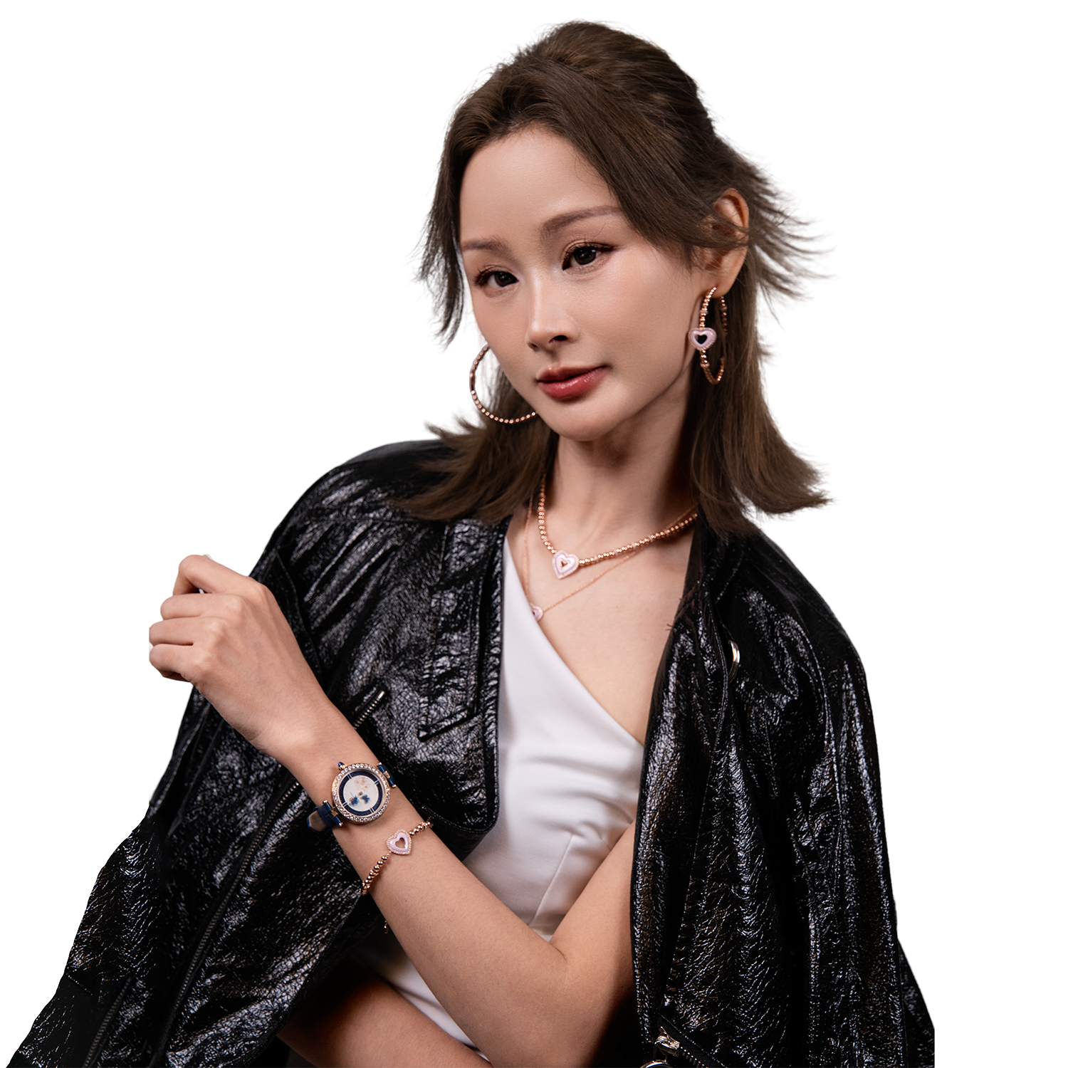 Butterfly Lovers 34mm Blue Dial Moving Butterfly Hands Leather Strap Watch - 4B11114 - Model wearing - Black By Blue Brave