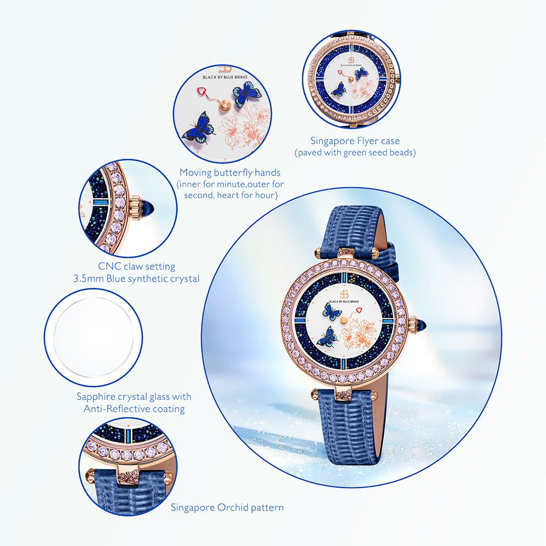 Butterfly Lovers 34mm Blue Dial Moving Butterfly Hands Leather Strap Watch - 4B11114 - Selling point map - Black By Blue Brave