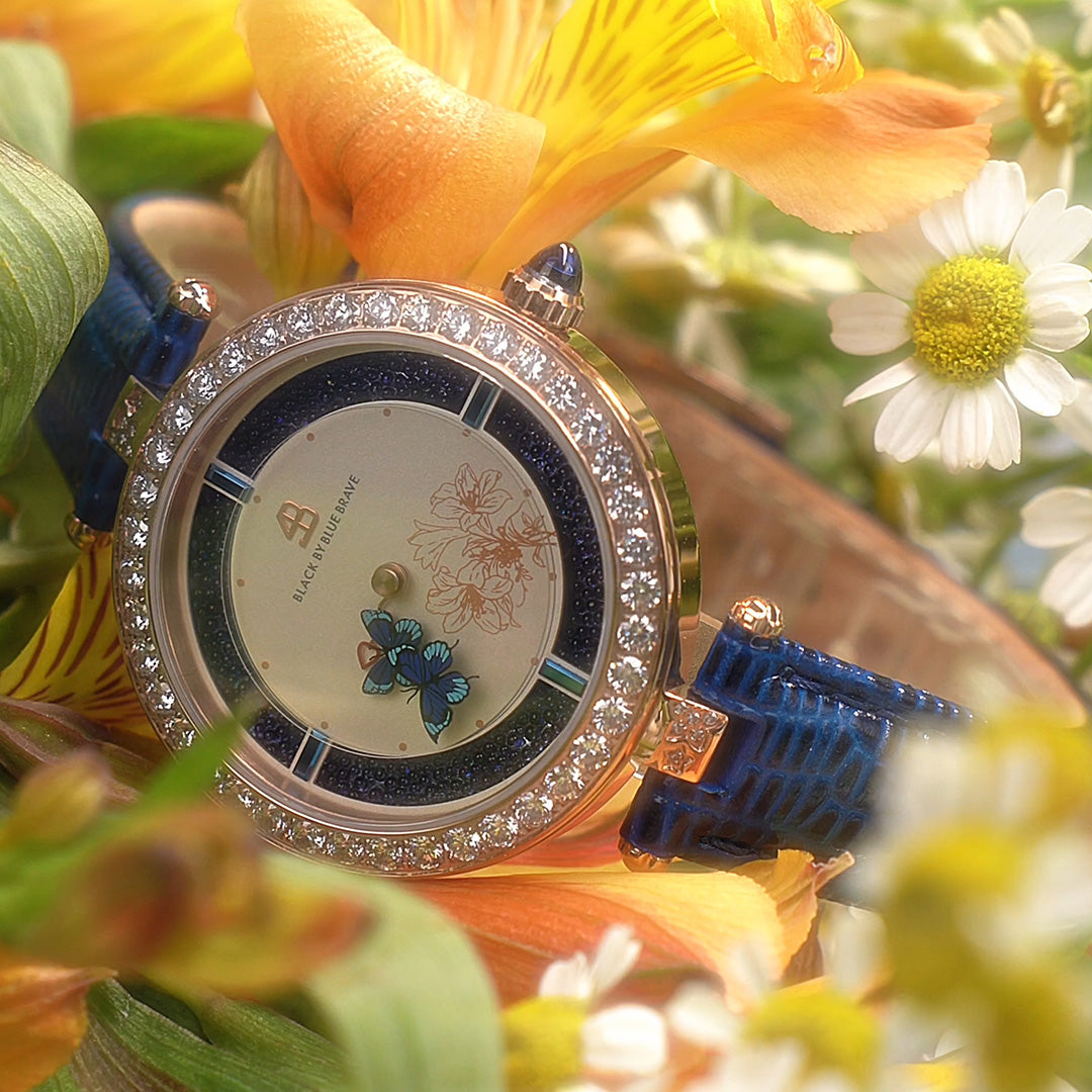 Butterfly Lovers 34mm Blue Dial Moving Butterfly Hands Leather Strap Watch