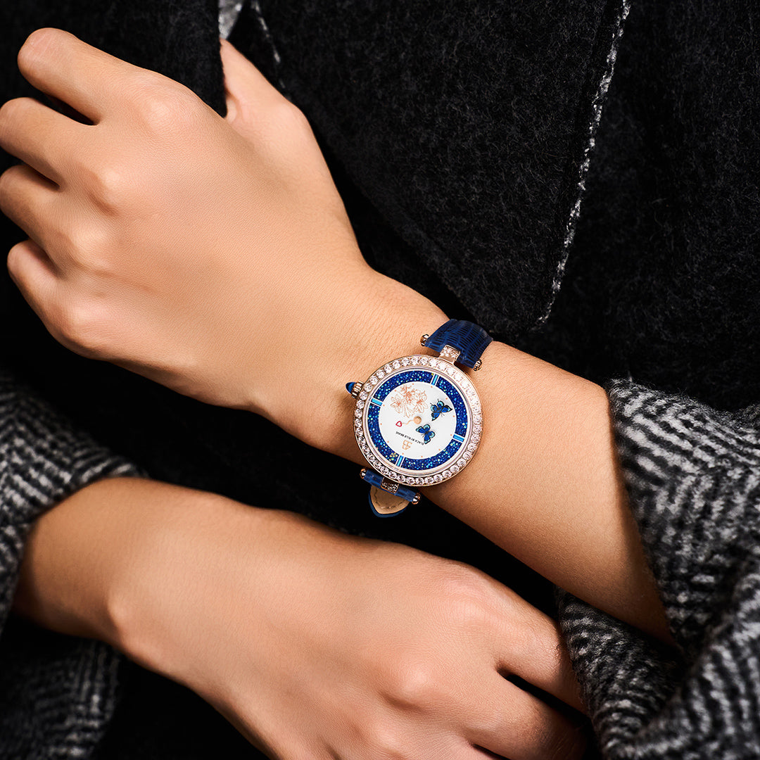 Butterfly Lovers 34mm Blue Dial Moving Butterfly Hands Leather Strap Watch - 4B11114 - wrist - Black By Blue Brave