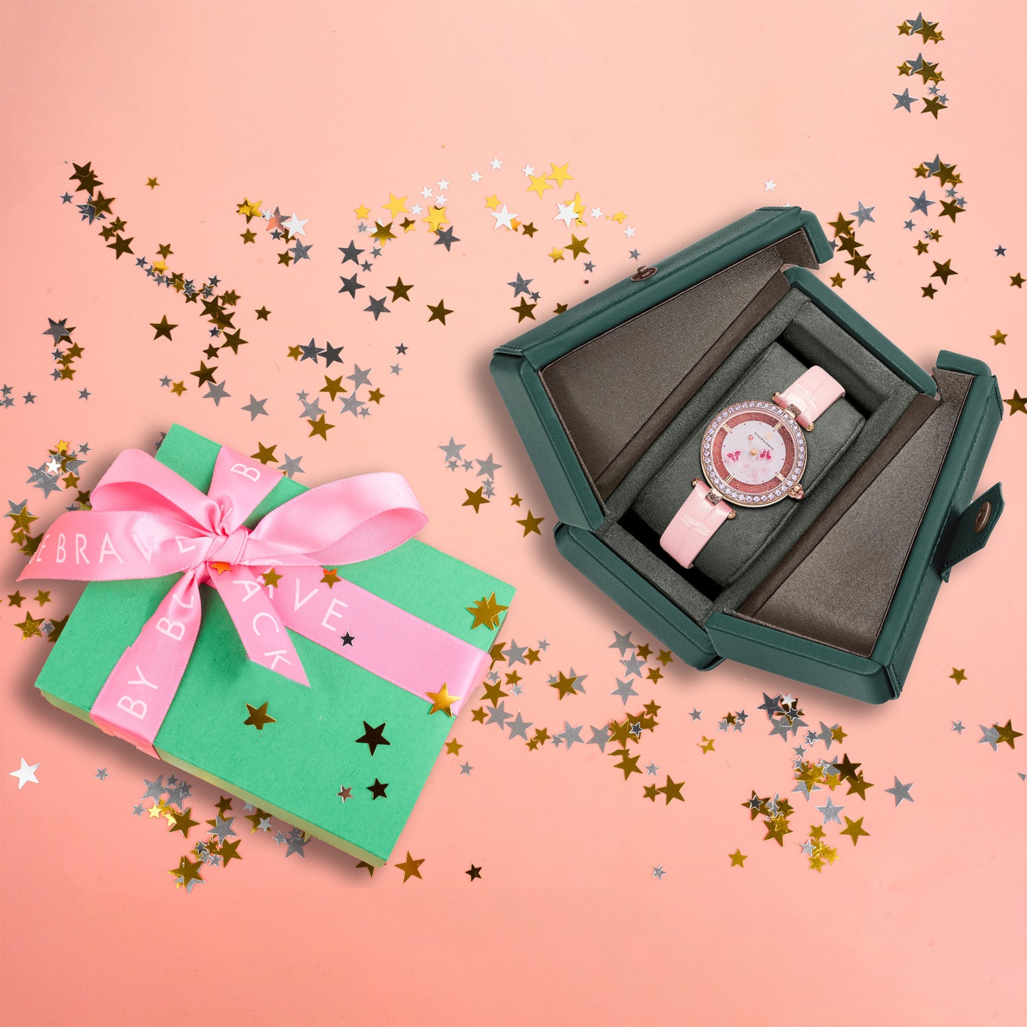 Butterfly Lovers 34mm Pink Dial Moving Butterfly Hands Leather Strap Watch - 4B11115 - Gift Box - Black By Blue Brave