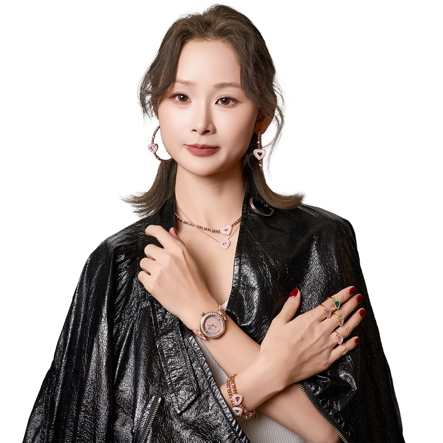 Butterfly Lovers 34mm Pink Dial Moving Butterfly Hands Leather Strap Watch - 4B11115 - Model wearing - Black By Blue Brave