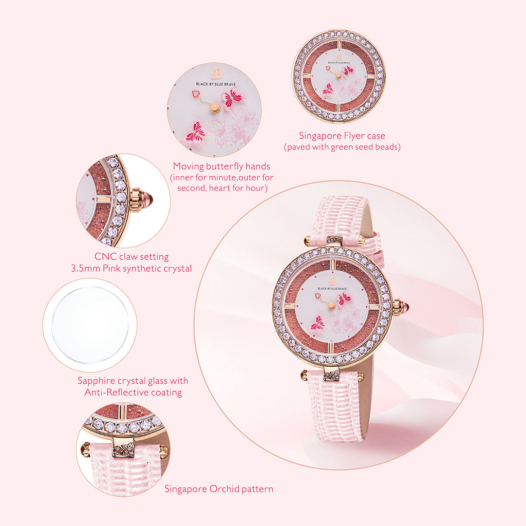 Butterfly Lovers 34mm Pink Dial Moving Butterfly Hands Leather Strap Watch - 4B11115 - Selling point map - Black By Blue Brave