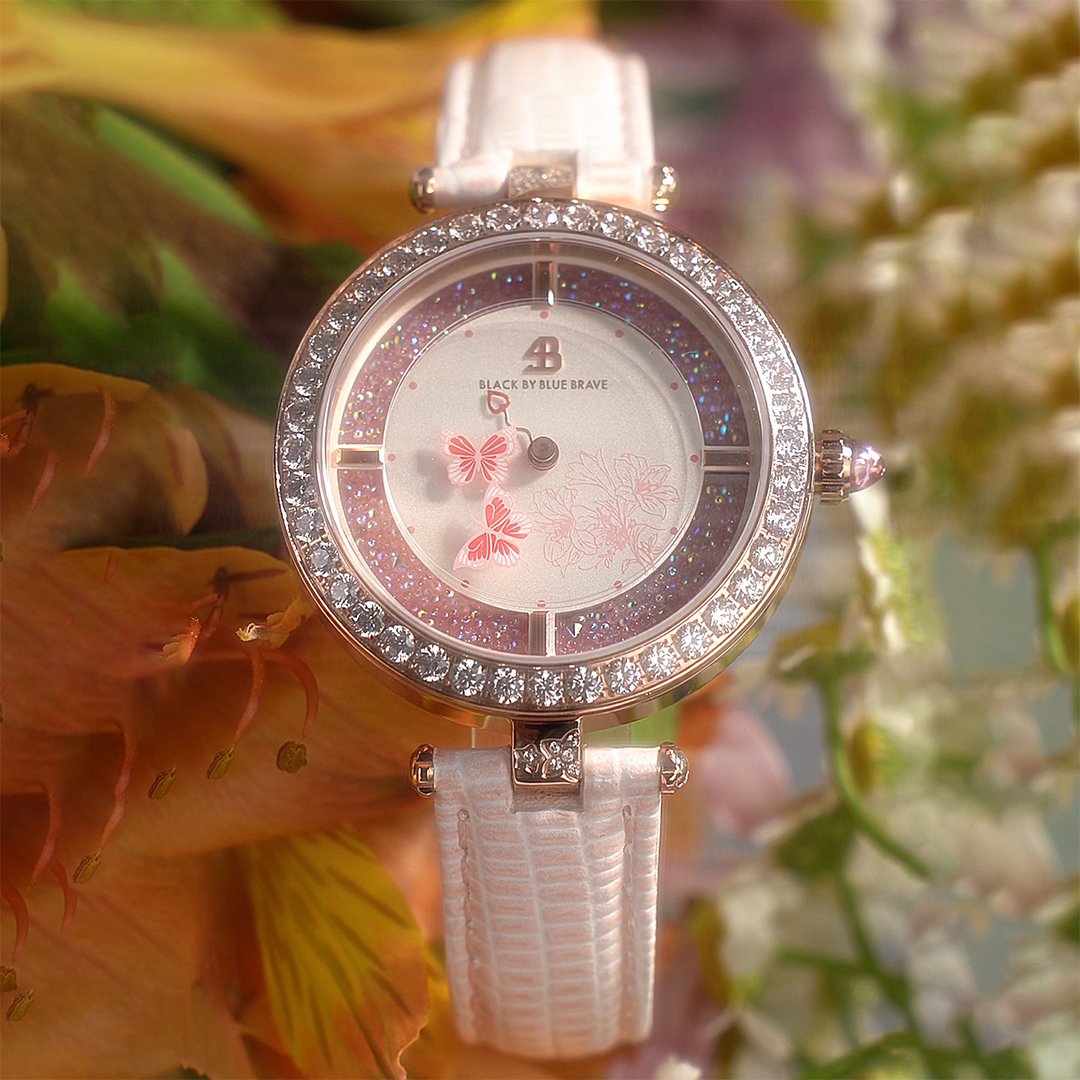Butterfly Lovers 34mm Pink Dial Moving Butterfly Hands Leather Strap Watch - BLACK BY BLUE BRAVE