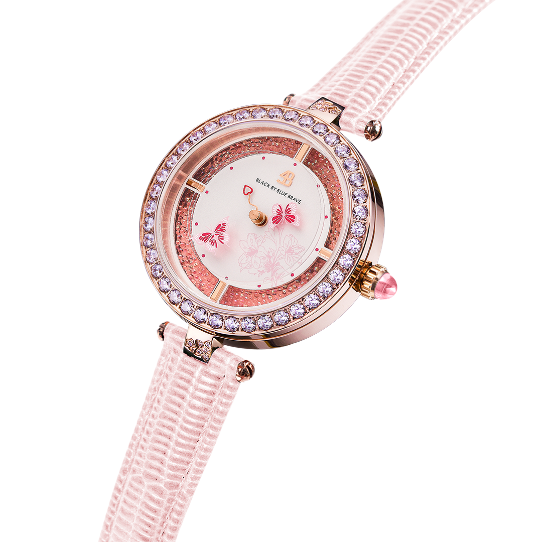 Butterfly Lovers 34mm Pink Dial Moving Butterfly Hands Leather Strap Watch - 4B11115 - side view - Black By Blue Brave