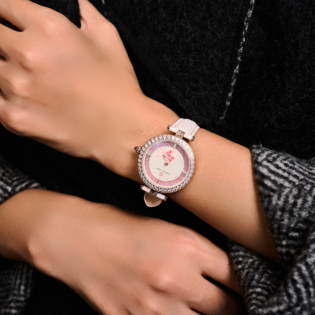 Butterfly Lovers 34mm Pink Dial Moving Butterfly Hands Leather Strap Watch - 4B11115 - wrist - Black By Blue Brave