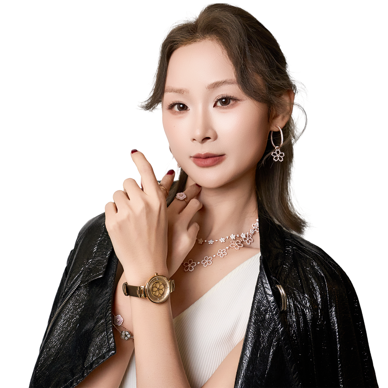 Women's Watches-Champagne Cherry Blossom Watch-Leather Strap Watch