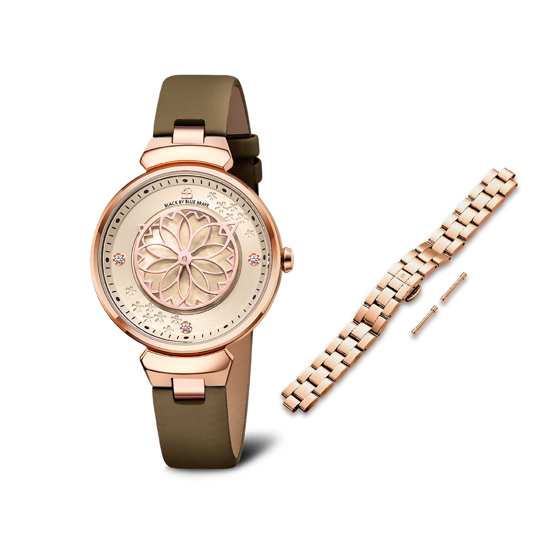 Women's Watches-Champagne Cherry Blossom Watch-Leather Strap Watch