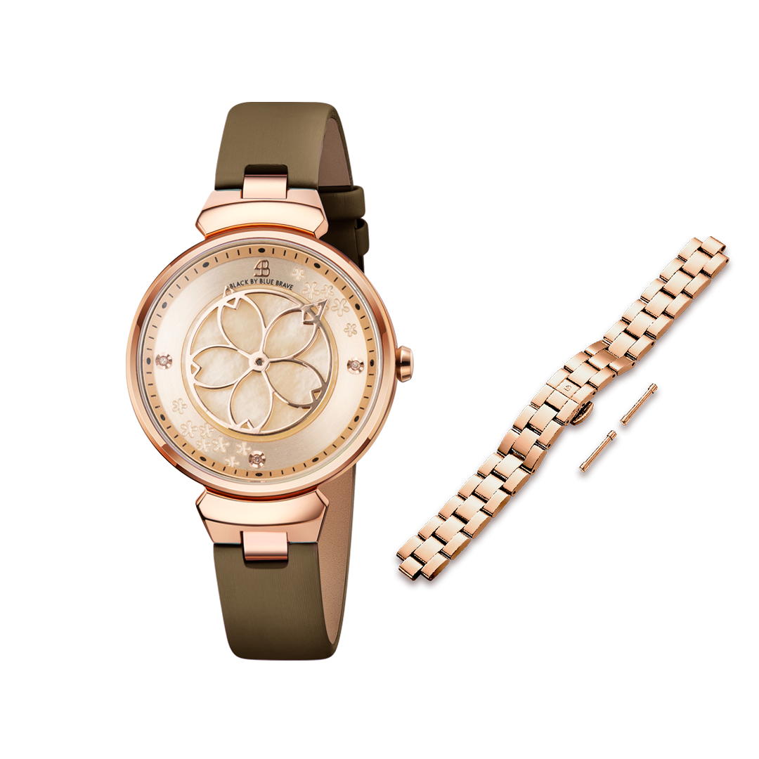 Women's Watches-Champagne Cherry Blossom Watch-Leather Strap Watch