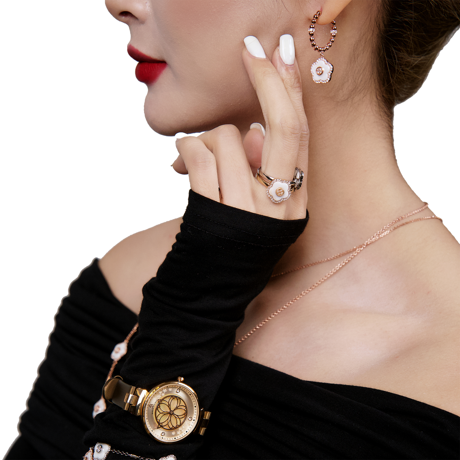 Women's Watches-Champagne Cherry Blossom Watch-Leather Strap Watch