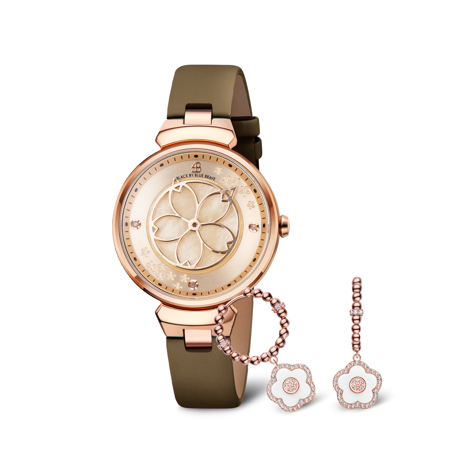 Women's Watches-Champagne Cherry Blossom Watch-Leather Strap Watch