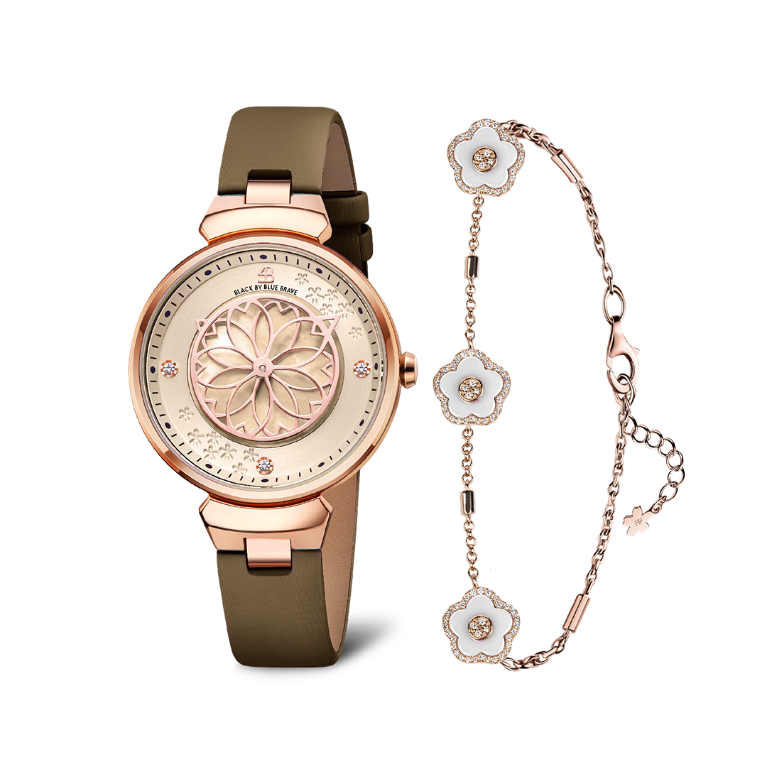 Women's Watches-Champagne Cherry Blossom Watch-Leather Strap Watch