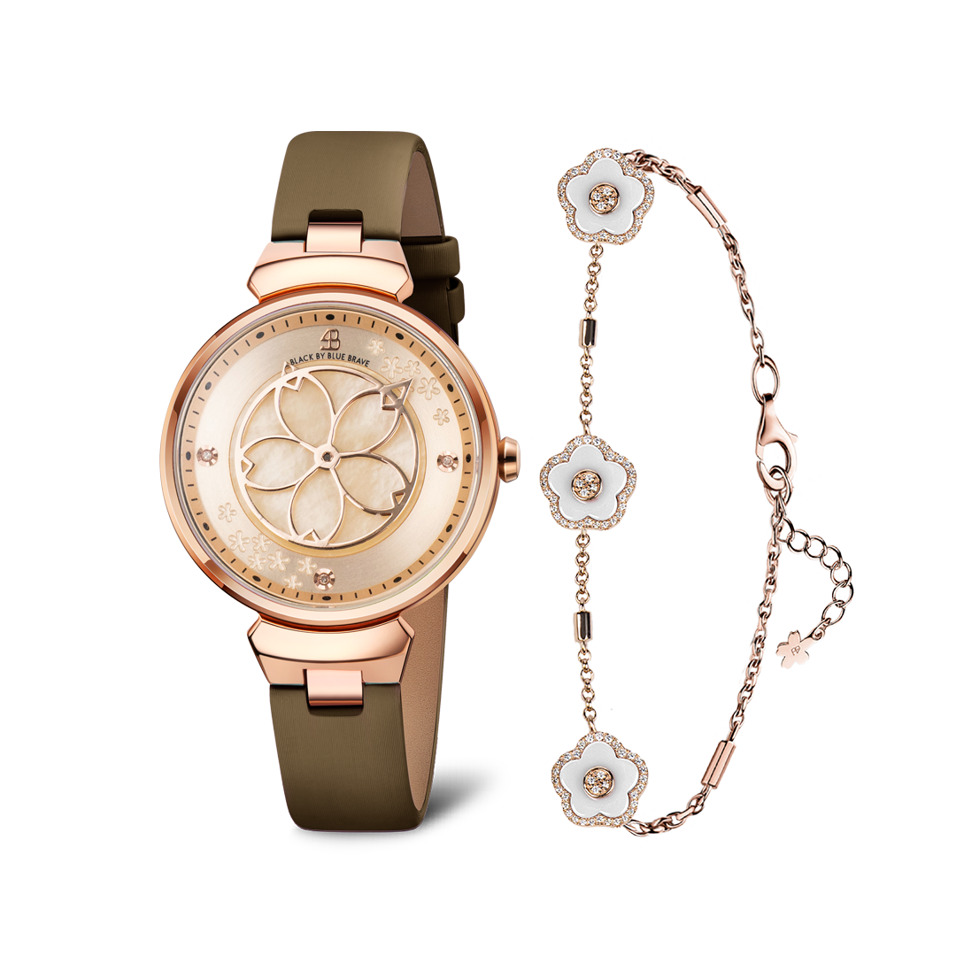 Women's Watches-Champagne Cherry Blossom Watch-Leather Strap Watch