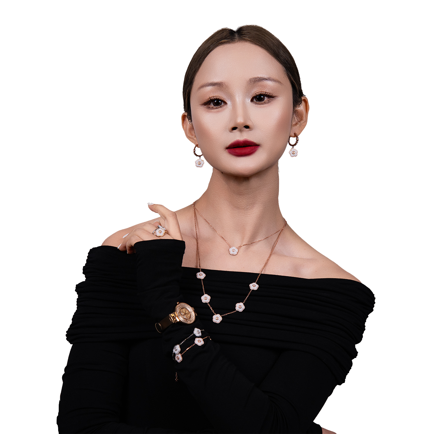 Women's Watches-Champagne Cherry Blossom Watch-Leather Strap Watch