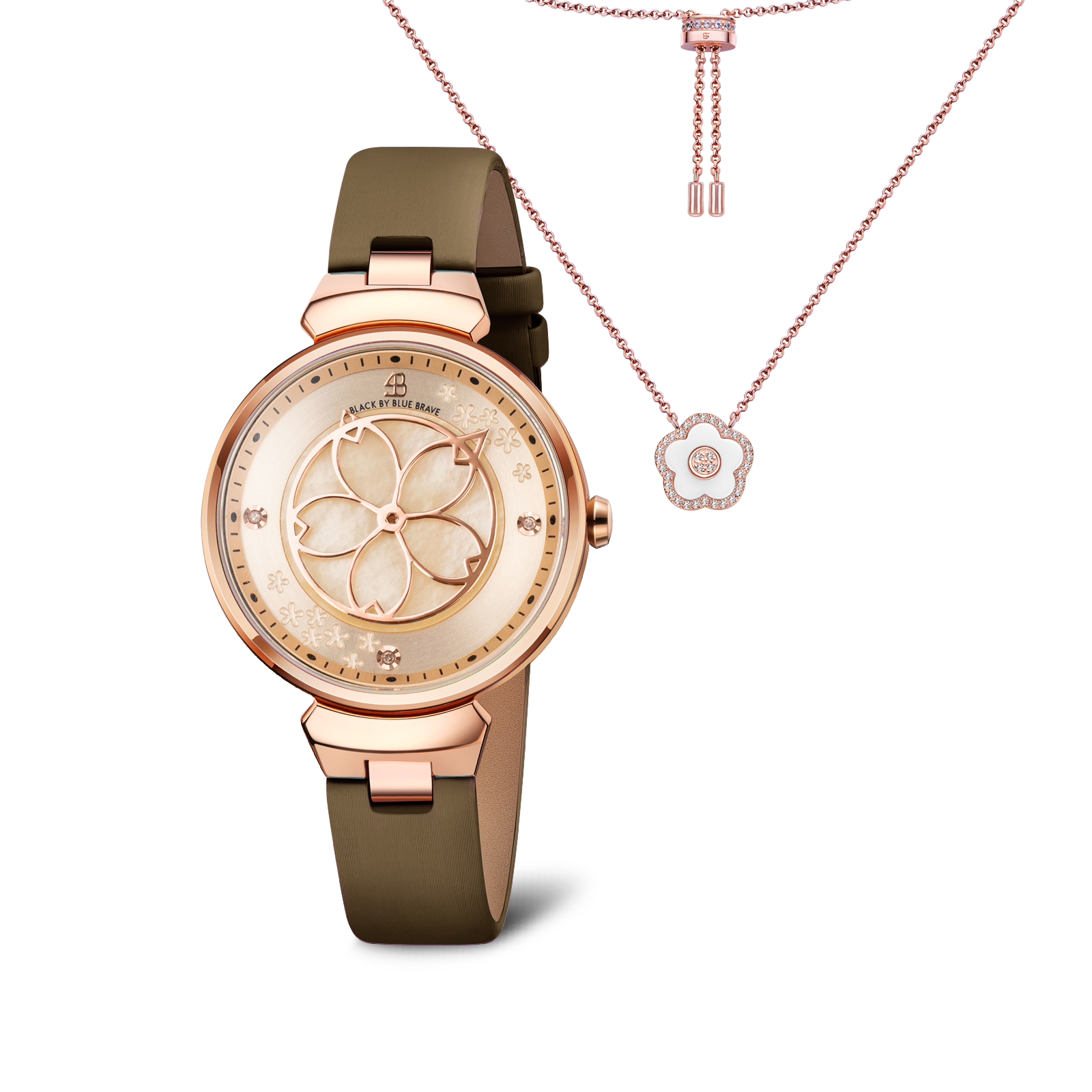 Women's Watches-Champagne Cherry Blossom Watch-Leather Strap Watch