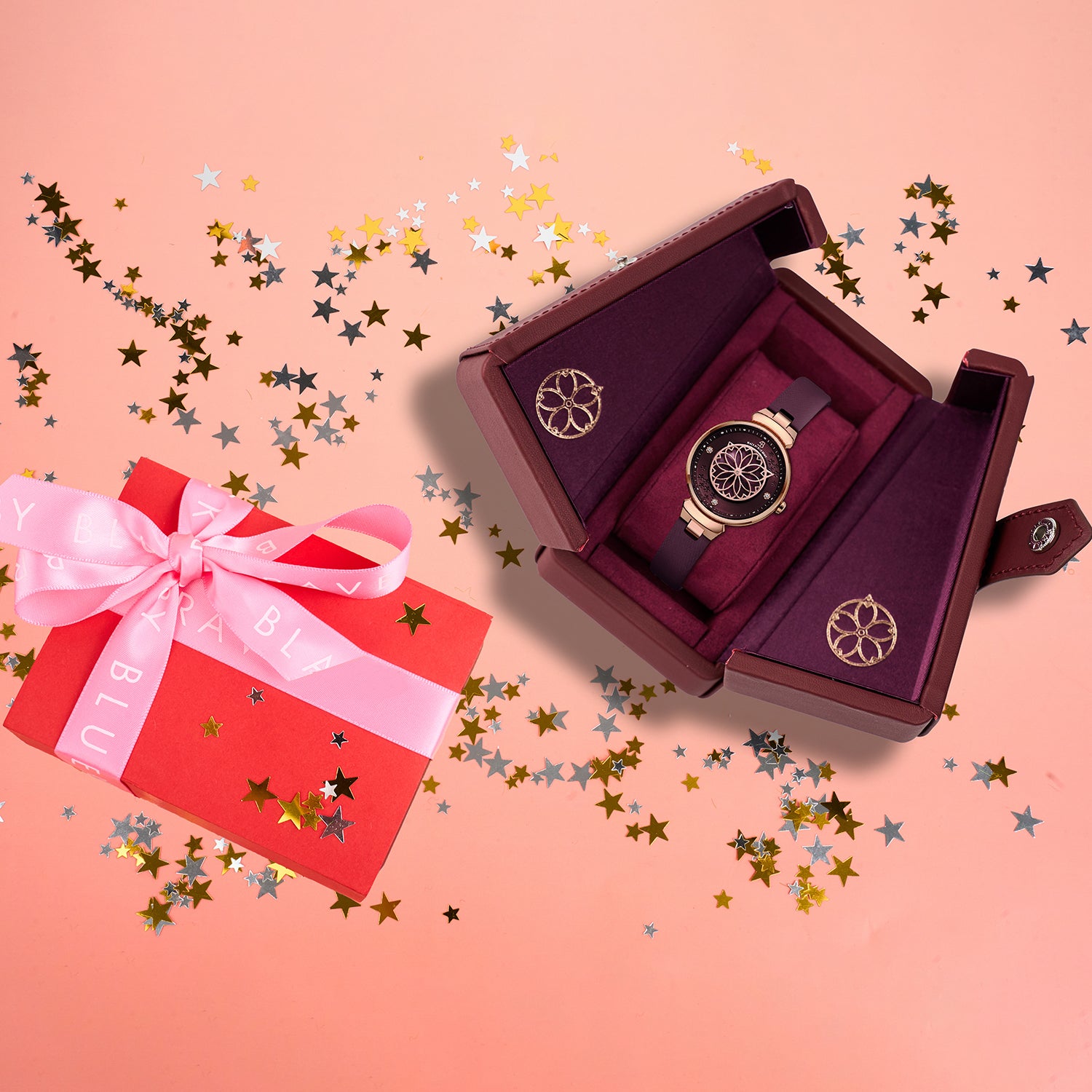 Cherry Blossom Ruby Red Mother Of Pearl Dial Sakura Petal Hand Leather Strap Watch - 4B11102 - Gift Box - Black By Blue Brave