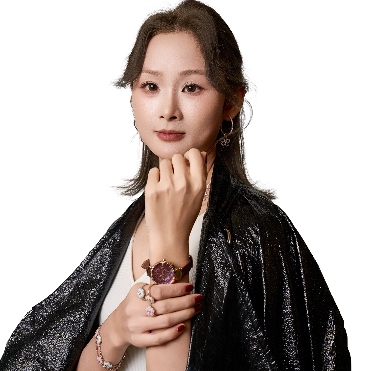 Cherry Blossom Ruby Red Mother Of Pearl Dial Sakura Petal Hand Leather Strap Watch - 4B11102 - Model wearing - Black By Blue Brave