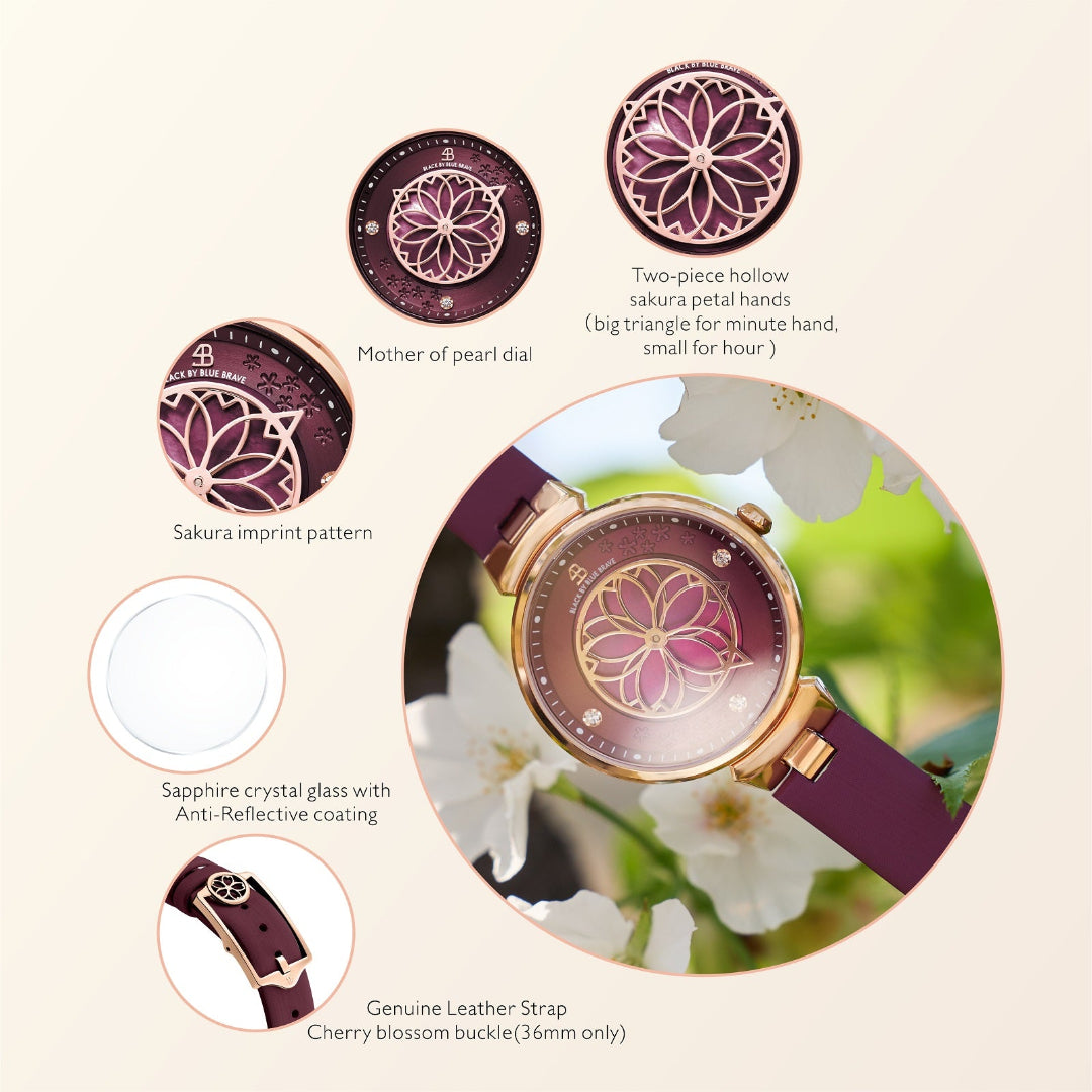 Cherry Blossom Ruby Red Mother Of Pearl Dial Sakura Petal Hand Leather Strap Watch - 4B11102 - Selling point map - Black By Blue Brave