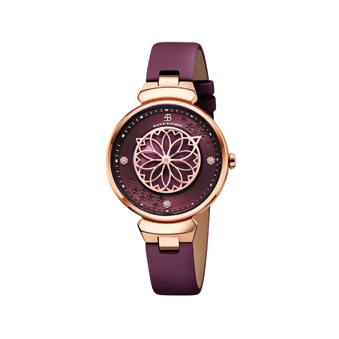 Cherry Blossom Ruby Red Mother Of Pearl Dial Sakura Petal Hand Leather Strap Watch - 4B11102 - front - Black By Blue Brave