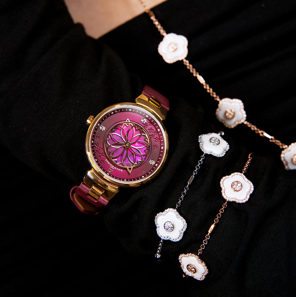 Cherry Blossom Ruby Red Mother Of Pearl Dial Sakura Petal Hand Leather Strap Watch - 4B11102 - wrist - Black By Blue Brave