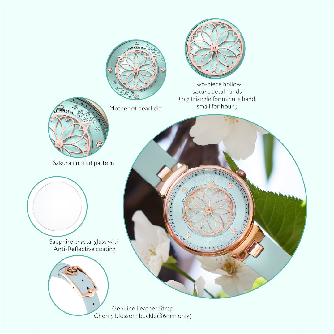 Cherry Blossom Blue Mother Of Pearl Dial Sakura Petal Hand Leather Strap Watch - 4B11103 - Selling point map - Black By Blue Brave