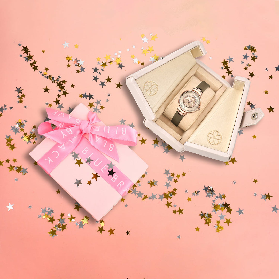 Cherry Blossom Champagne Mother Of Pearl Dial Sakura Petal Hand Leather Strap Watch - 4B11104 - Gift Box - Black By Blue Brave