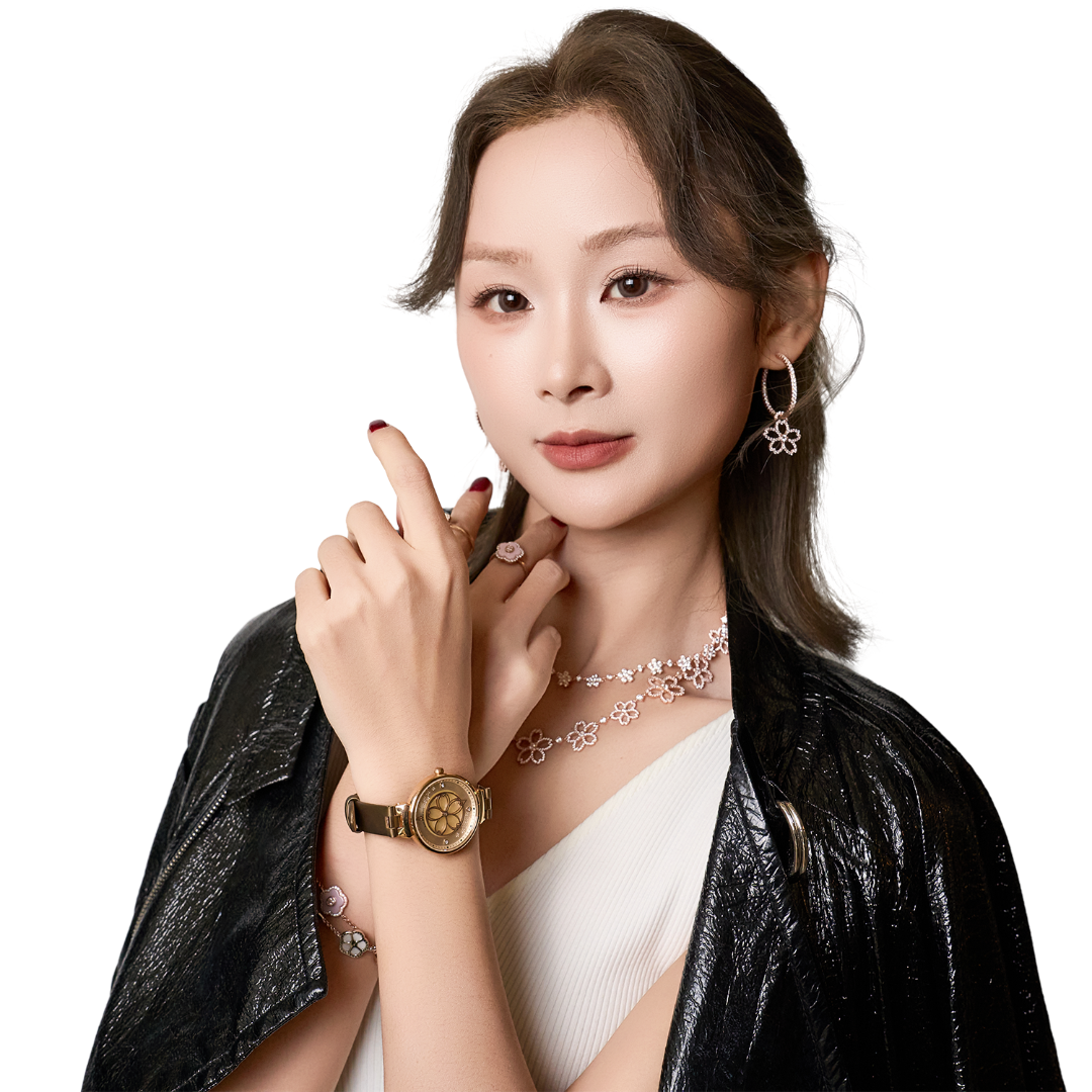 Cherry Blossom Champagne Mother Of Pearl Dial Sakura Petal Hand Leather Strap Watch - 4B11104 - Model wearing - Black By Blue Brave