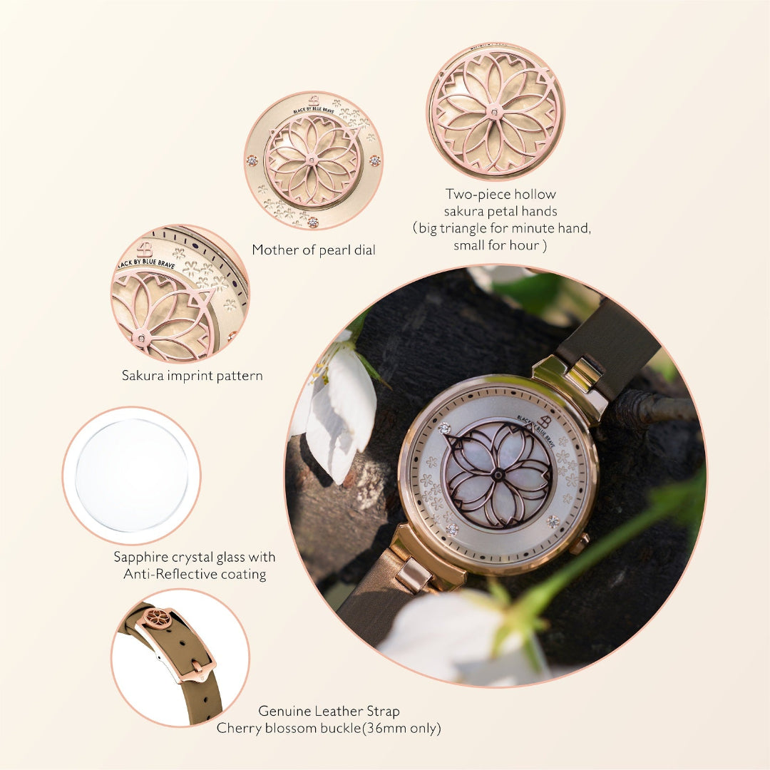 Cherry Blossom Champagne Mother Of Pearl Dial Sakura Petal Hand Leather Strap Watch - 4B11104 - Selling point map - Black By Blue Brave