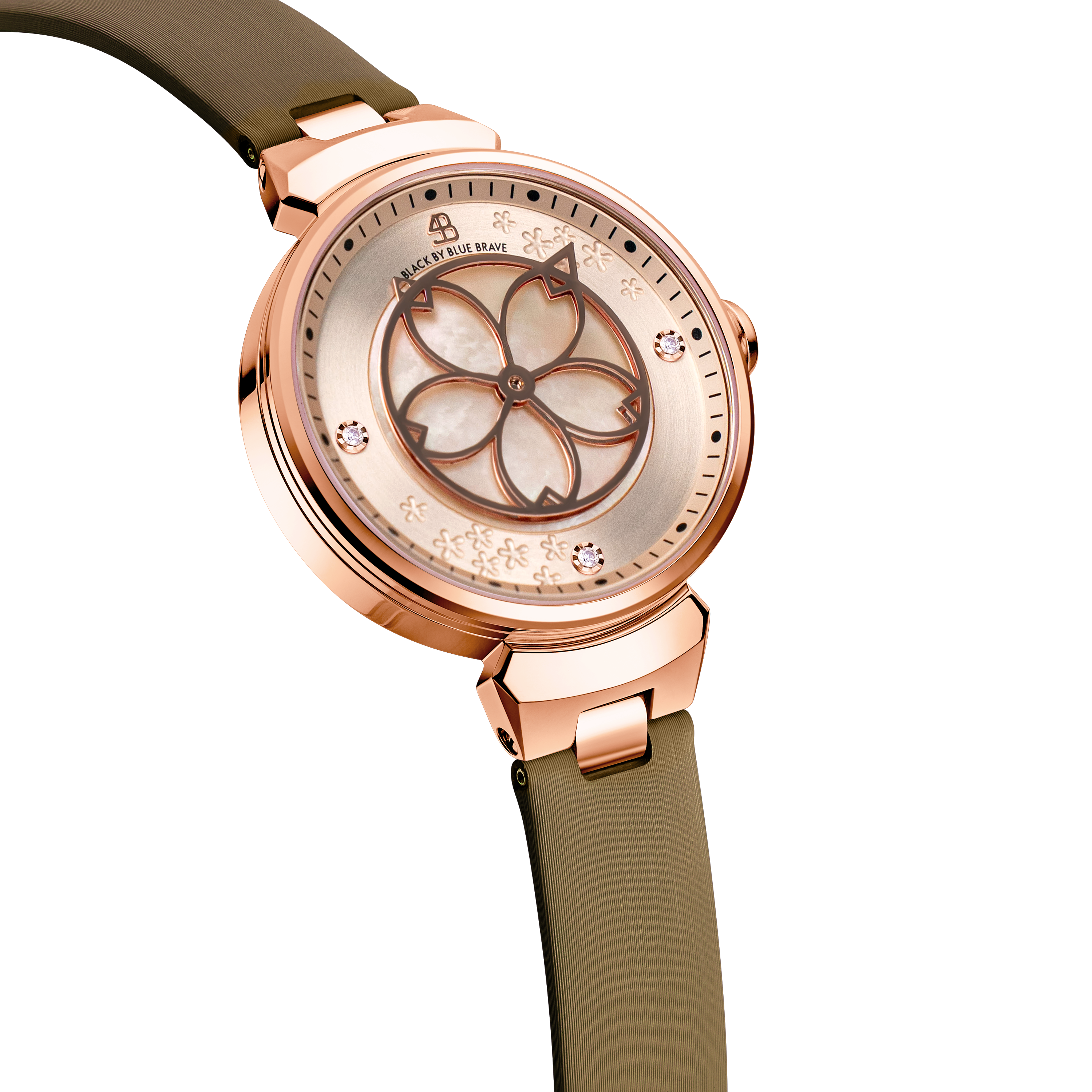 Cherry Blossom Champagne Mother Of Pearl Dial Sakura Petal Hand Leather Strap Watch - 4B11104 - side view - Black By Blue Brave