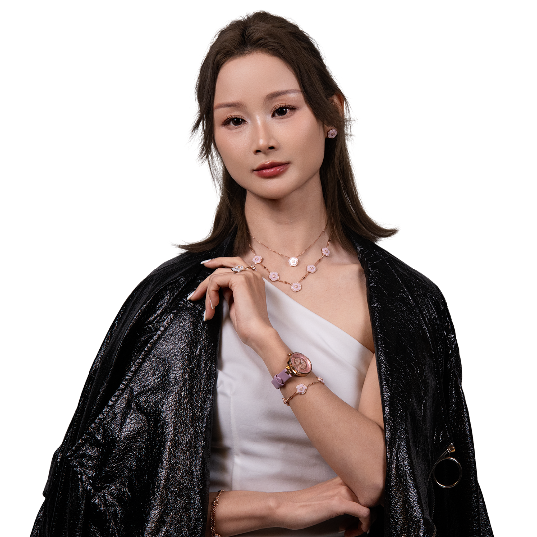 Cherry Blossom Pink Mother Of Pearl Dial Genuine Diamonds Sakura Petal Hand Leather Strap Watch - 4B11105 - Model wearing - Black By Blue Brave