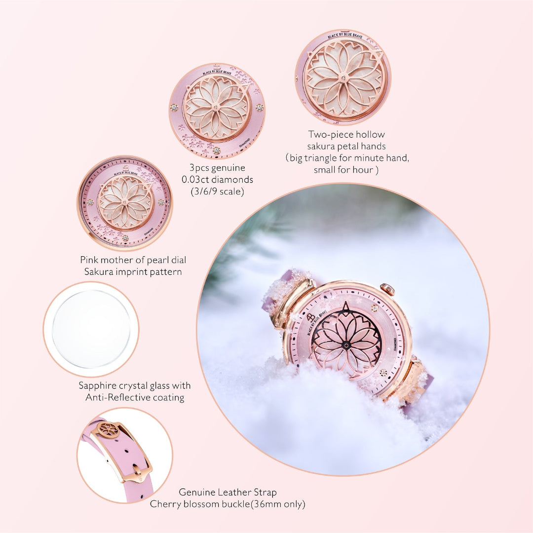 Cherry Blossom Pink Mother Of Pearl Dial Genuine Diamonds Sakura Petal Hand Leather Strap Watch - 4B11105 - Selling point map - Black By Blue Brave