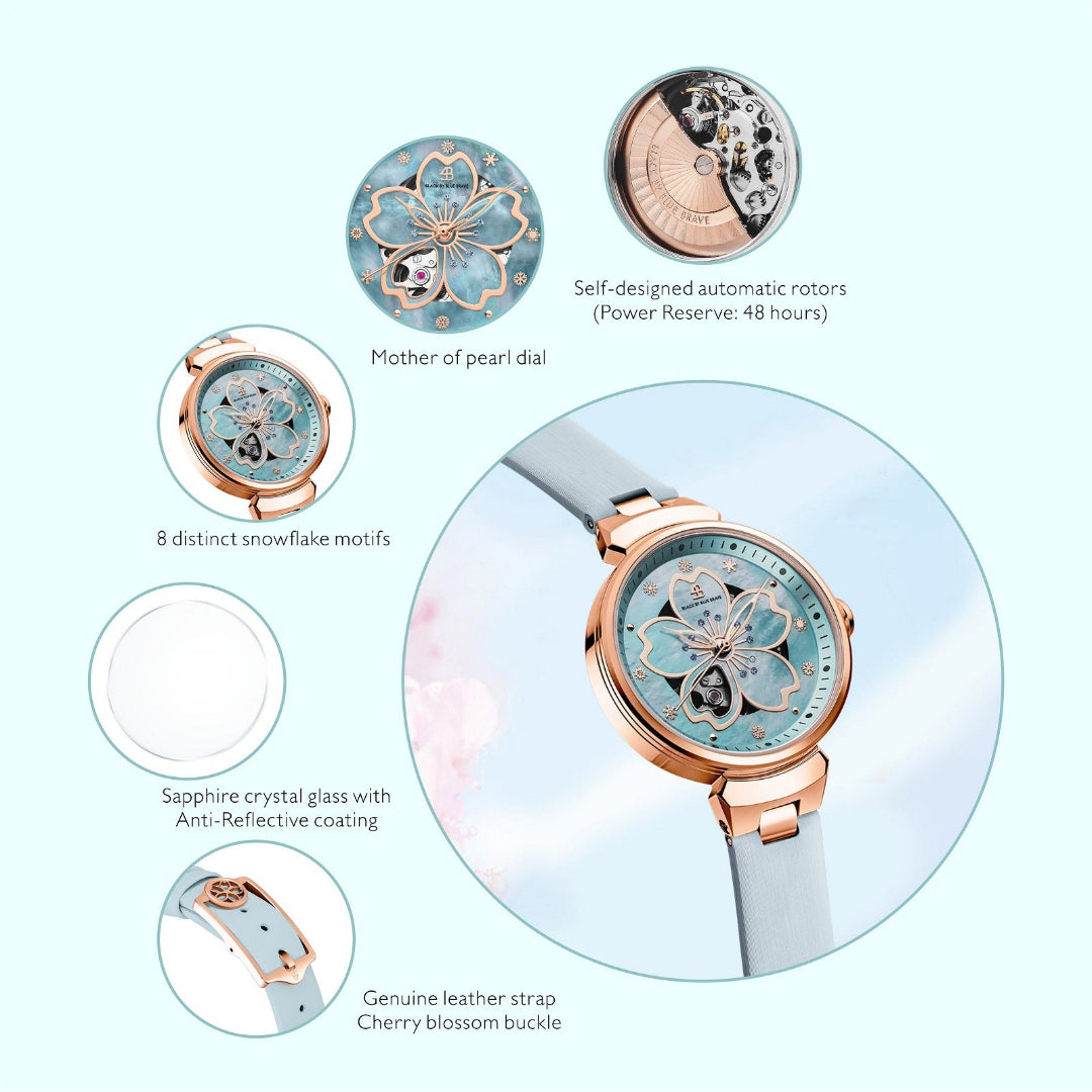 Cherry Blossom 36mm Blue Mother Of Pearl Dial Leather Strap Automatic Watch - 4B1195 - Selling point map - Black By Blue Brave