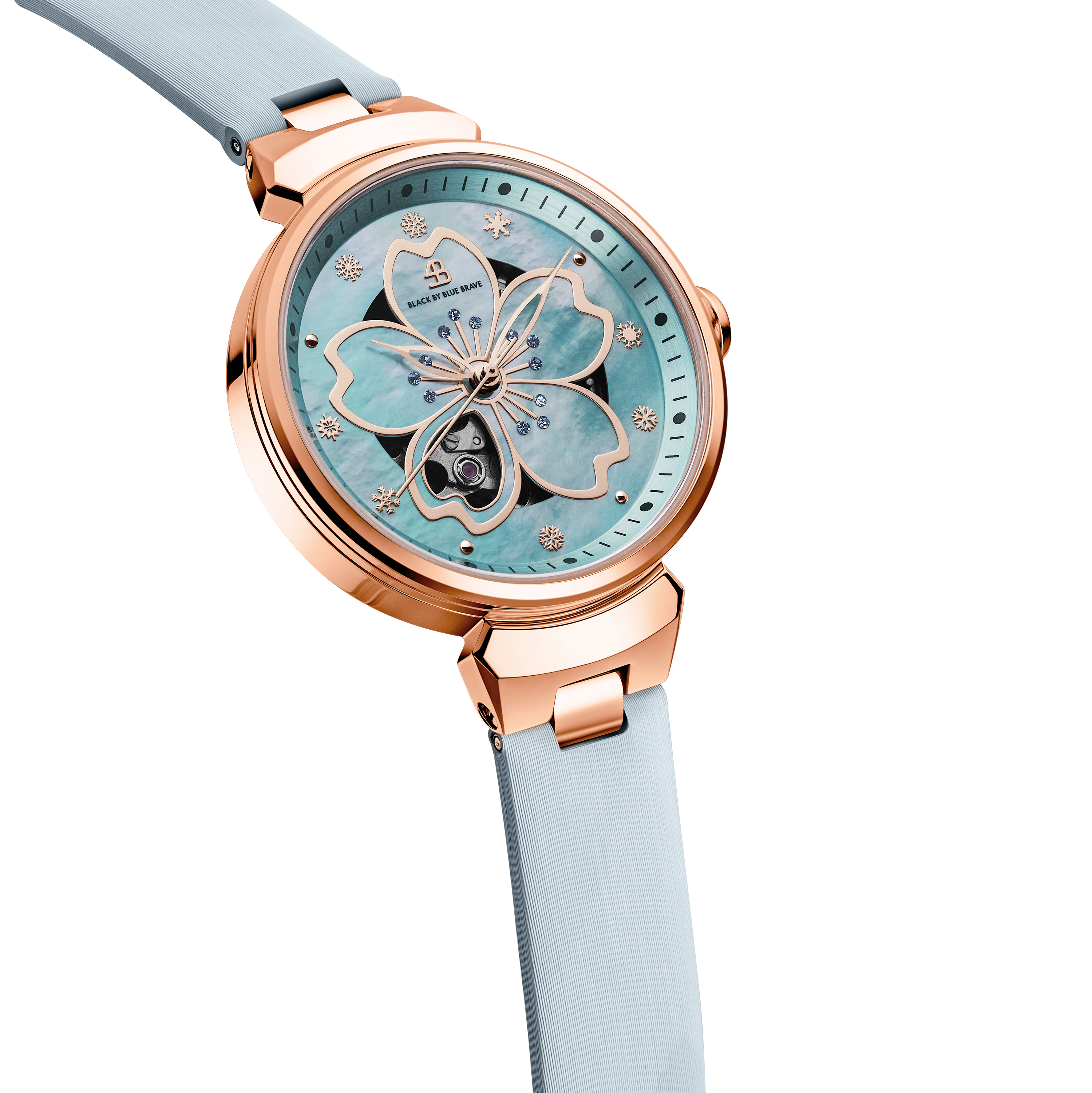 Cherry Blossom 36mm Blue Mother Of Pearl Dial Leather Strap Automatic Watch - 4B1195 - side view - Black By Blue Brave