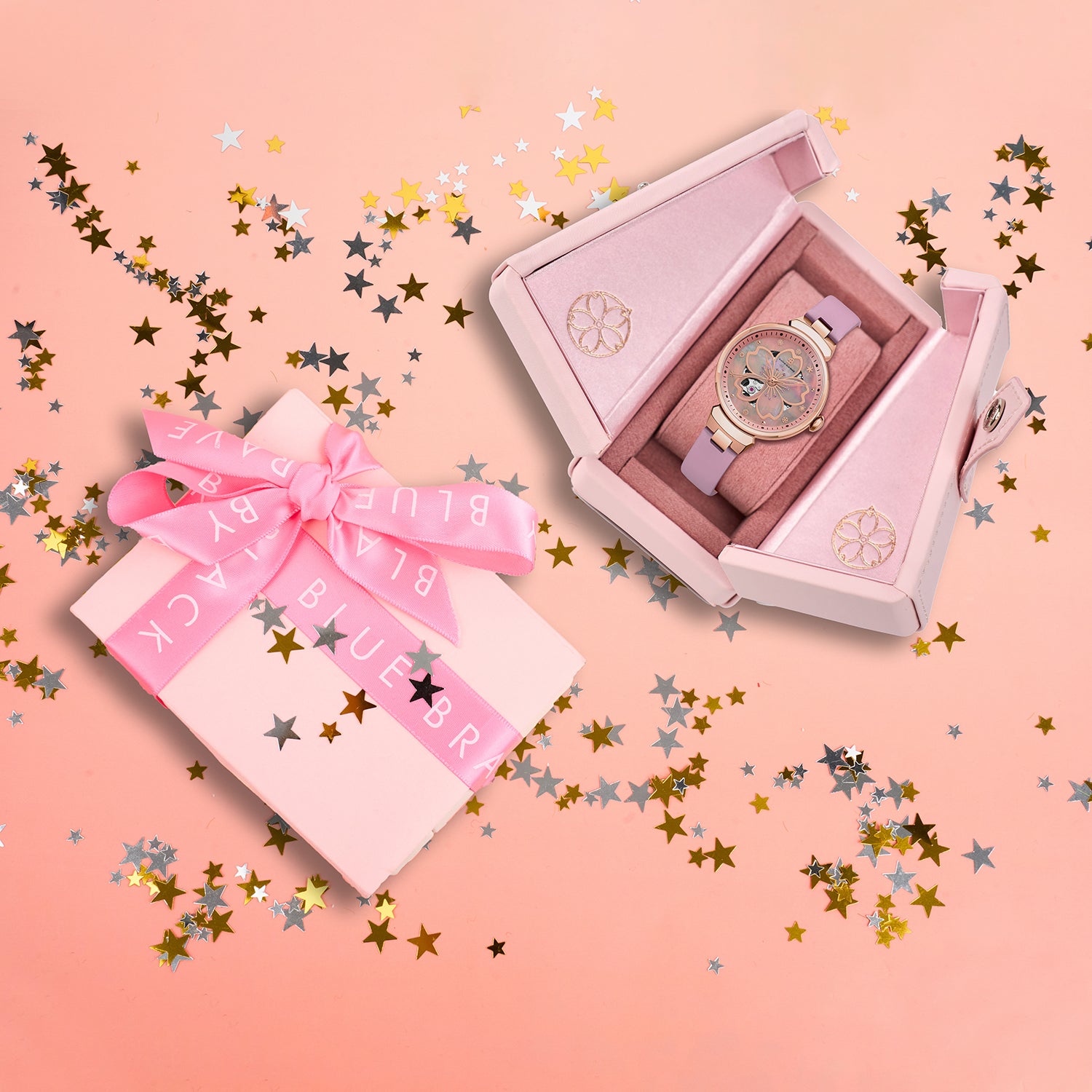 Cherry Blossom 36mm Pink Mother Of Pearl Dial Leather Strap Automatic Watch - 4B1196 - Gift Box - Black By Blue Brave