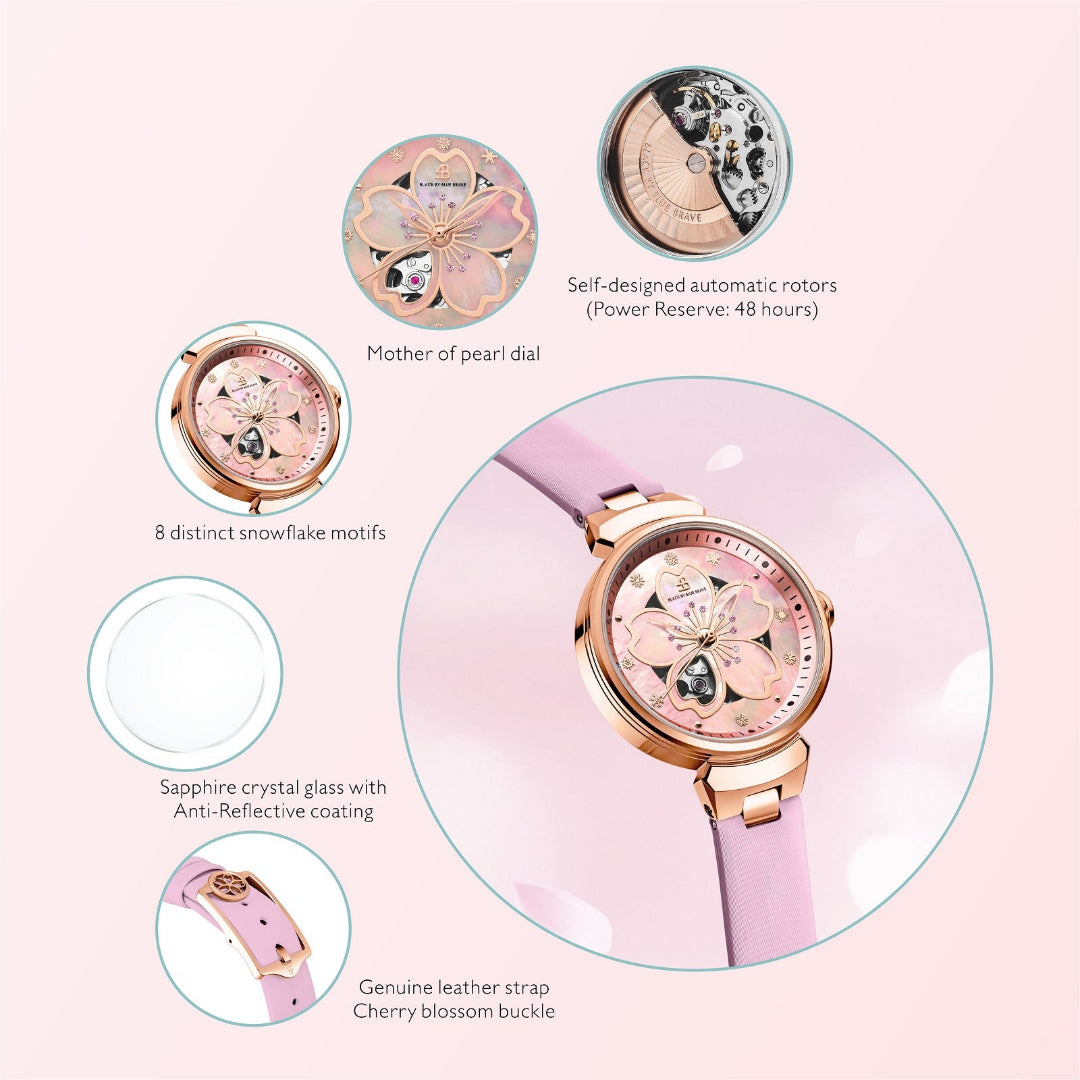 Cherry Blossom 36mm Pink Mother Of Pearl Dial Leather Strap Automatic Watch - 4B1196 - Selling point map - Black By Blue Brave