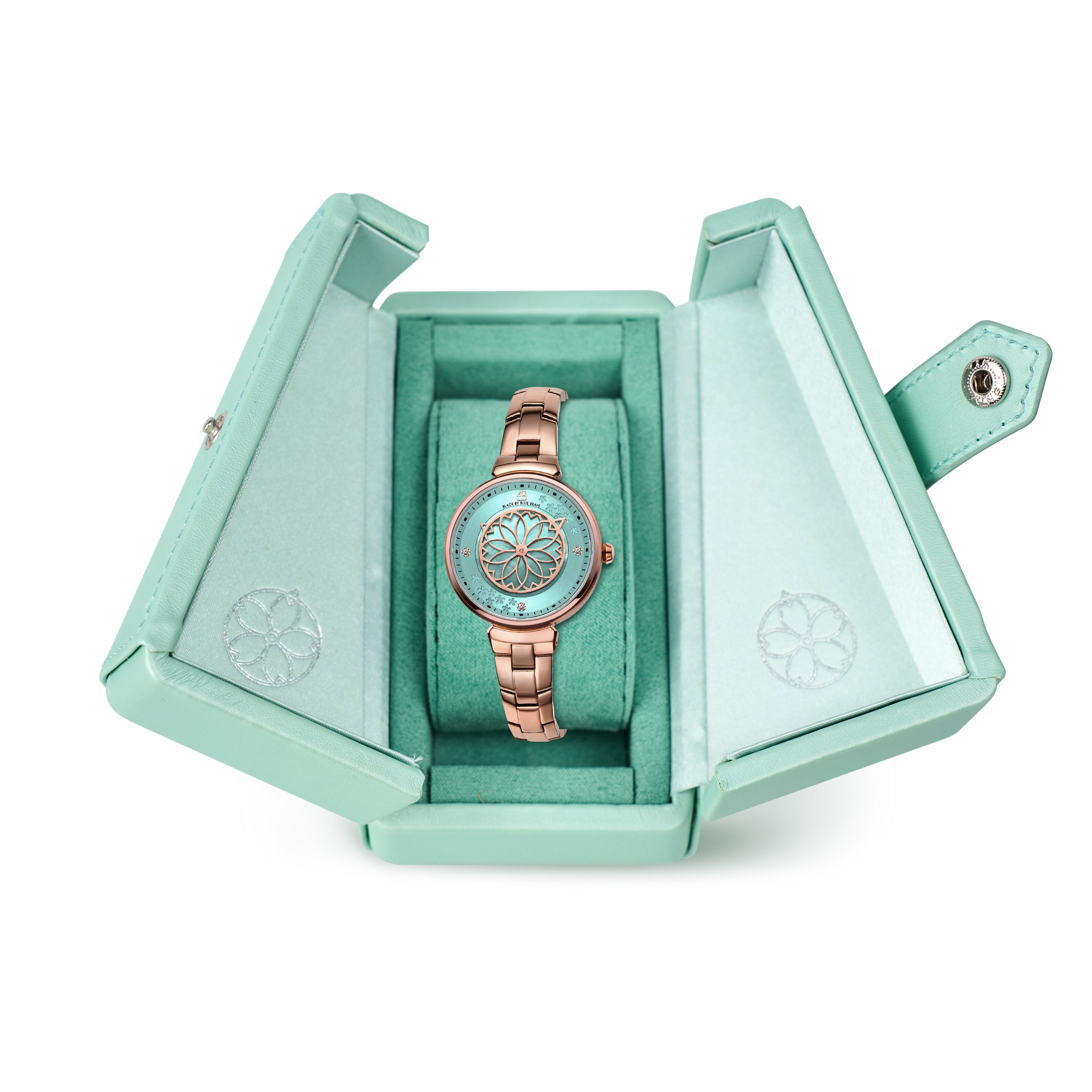 Cherry Blossom 32mm Blue Mother Of Pearl Dial Sakura Petal Hand Rose Gold Bracelet Watch - 4B1207 - packaging - Black By Blue Brave