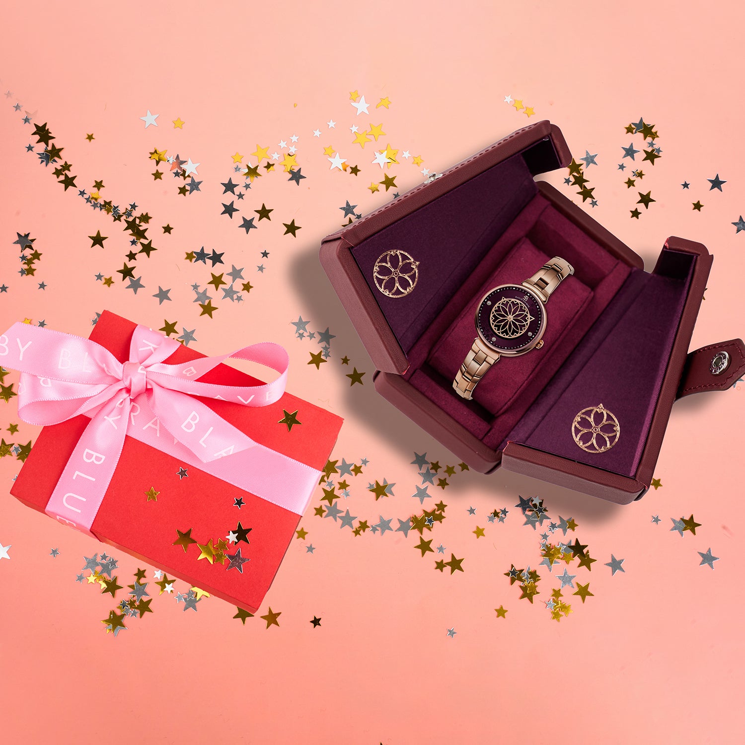 Cherry Blossom 32mm Ruby Red Mother Of Pearl Dial Sakura Petal Hand Rose Gold Bracelet Watch - 4B1209 - Gift Box - Black By Blue Brave